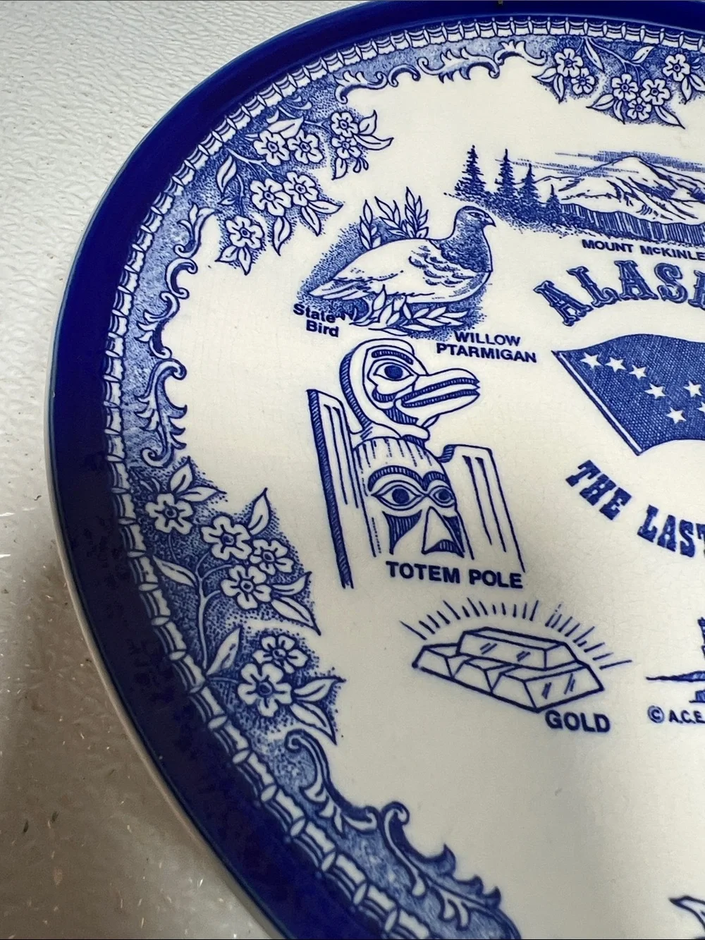 Vintage Alaska Travel Souvenir Plate Blue Transferware Japan